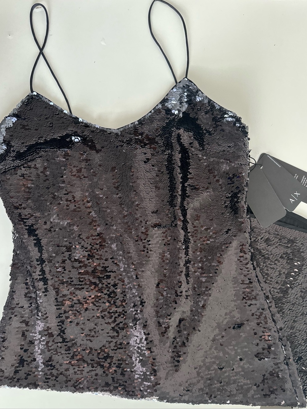 Armani Exchange Black Sequin Spaghetti Strap Prom Dress